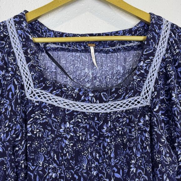 Free People Talk About It Floral Tunic Top Size XS Blue Boho Cottage Core Hippie - Picture 5 of 10